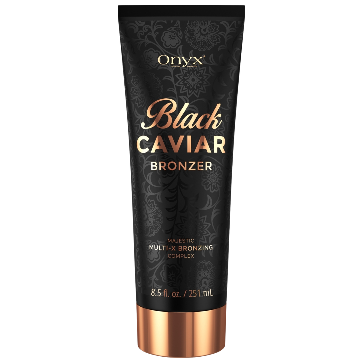 Onyx Black Caviar balsam brązujący na białym tle, balsam do uzyskania intensywnej i równomiernej opalenizny.