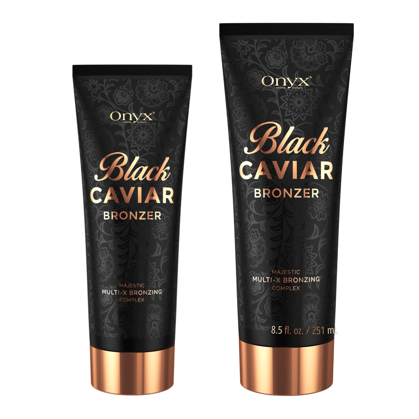 Dwie tubki Onyx Black Caviar Bronzer w różnych pojemnościach; profesjonalny bronzer do opalania z kompleksem Multi-X Bronzing Complex dla naturalnej, głębokiej opalenizny