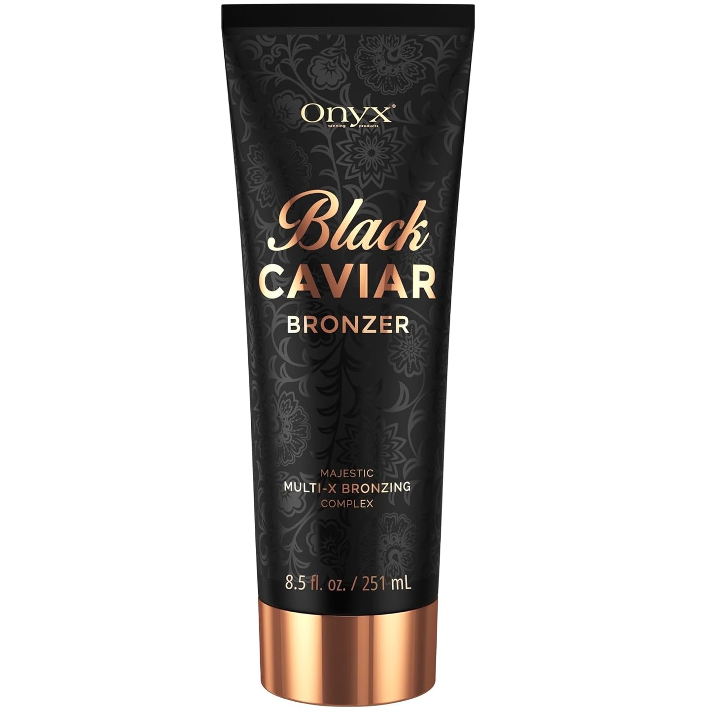 Onyx Black Caviar Bronzer – czarna tuba z miedzianym wykończeniem; luksusowy bronzer do opalania z kompleksem Multi-X Bronzing Complex zapewniający głęboki, równomierny kolor skóry