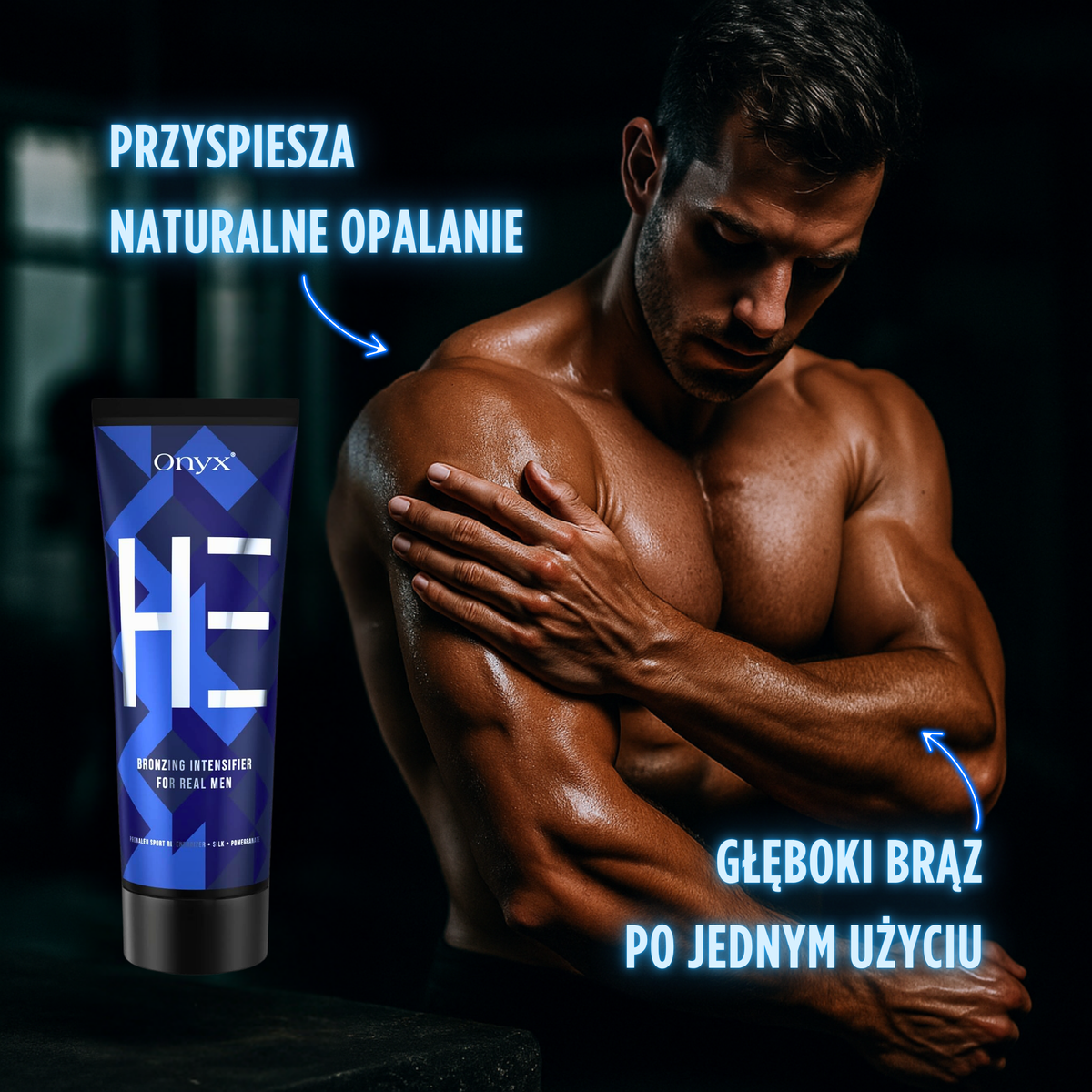 Przyspiesz naturalne opalanie z Onyx HE – bronzer dla mężczyzn dający głęboki brąz po jednym użyciu.