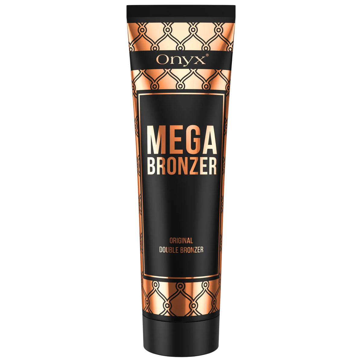uba balsamu brązującego Onyx Mega Bronzer ustawiona pionowo na białym tle, czarne i miedziane opakowanie z eleganckim wzorem prezentuje kosmetyk do intensywnej opalenizny