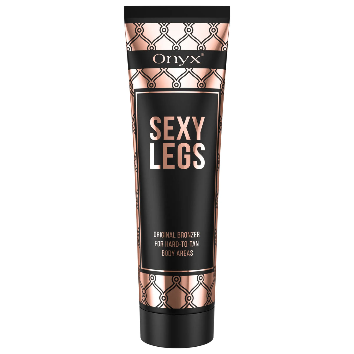 Tuba balsamu do opalania Onyx Sexy Legs w czarno-miedzianym opakowaniu na białym tle