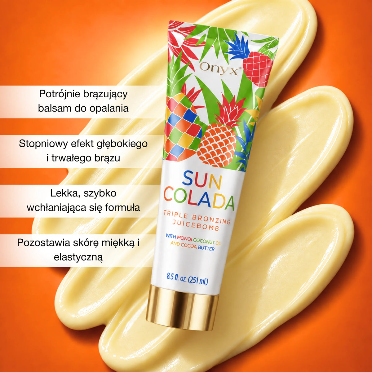 Onyx Sun Colada na tle kremowej konsystencji balsamu. Grafika przedstawia potrójnie brązującą formułę o lekkiej konsystencji i stopniowym efekcie głębokiego brązu.