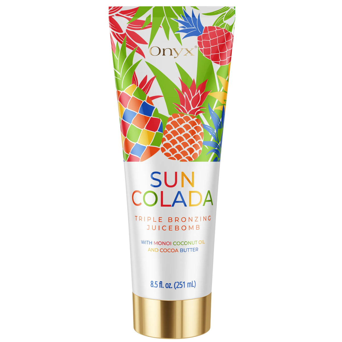 Balsam do opalania Onyx Suncolada w kolorowej tubie z motywem tropikalnych owoców i liści, brązujący kosmetyk o pojemności 251 ml