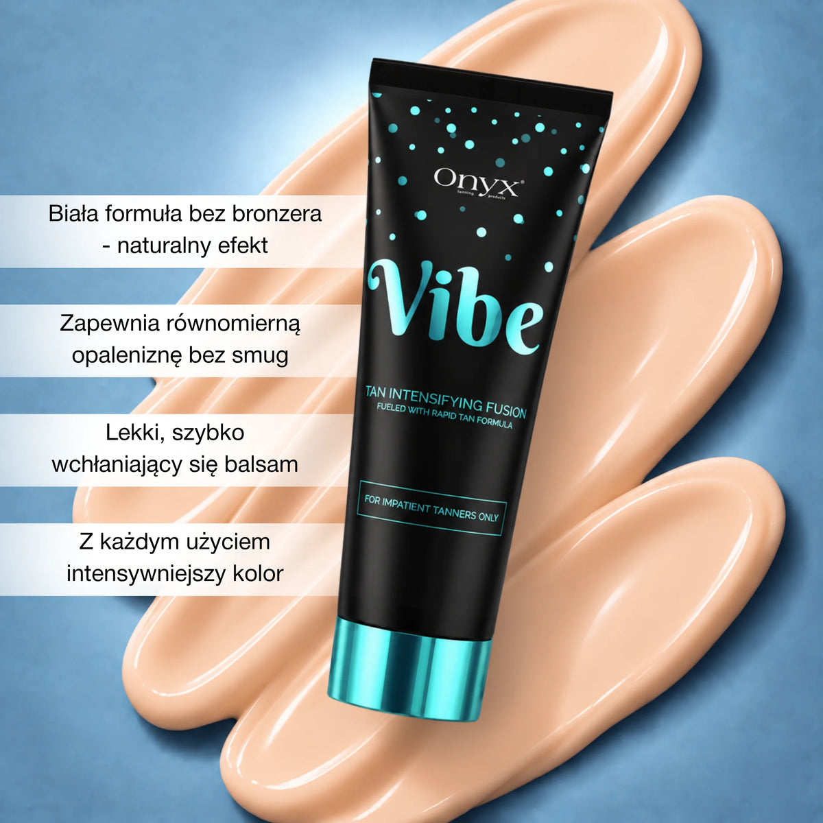 Onyx Vibe na tle jasnej konsystencji balsamu. Grafika prezentuje formułę bez bronzera, lekką konsystencję i stopniowe pogłębianie efektu opalenizny.