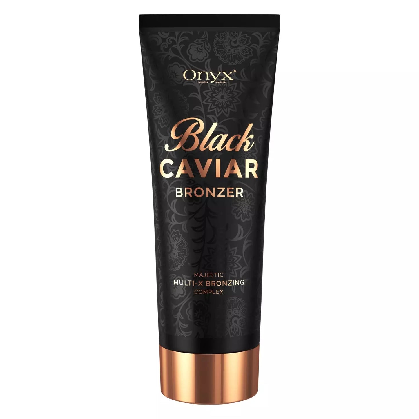 Onyx Black Caviar Bronzer w eleganckiej czarnej tubie ze złotymi akcentami; luksusowy bronzer do opalania zapewniający intensywny efekt skóry muśniętej słońcem