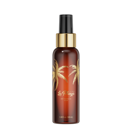 Butelka sprayu La Playa, lekkiego suchego olejku do opalania o żółto-karmelowym kolorze, z egzotycznym wzorem palm na etykiecie, 100 ml, idealna do naturalnego opalania i pielęgnacji skóry