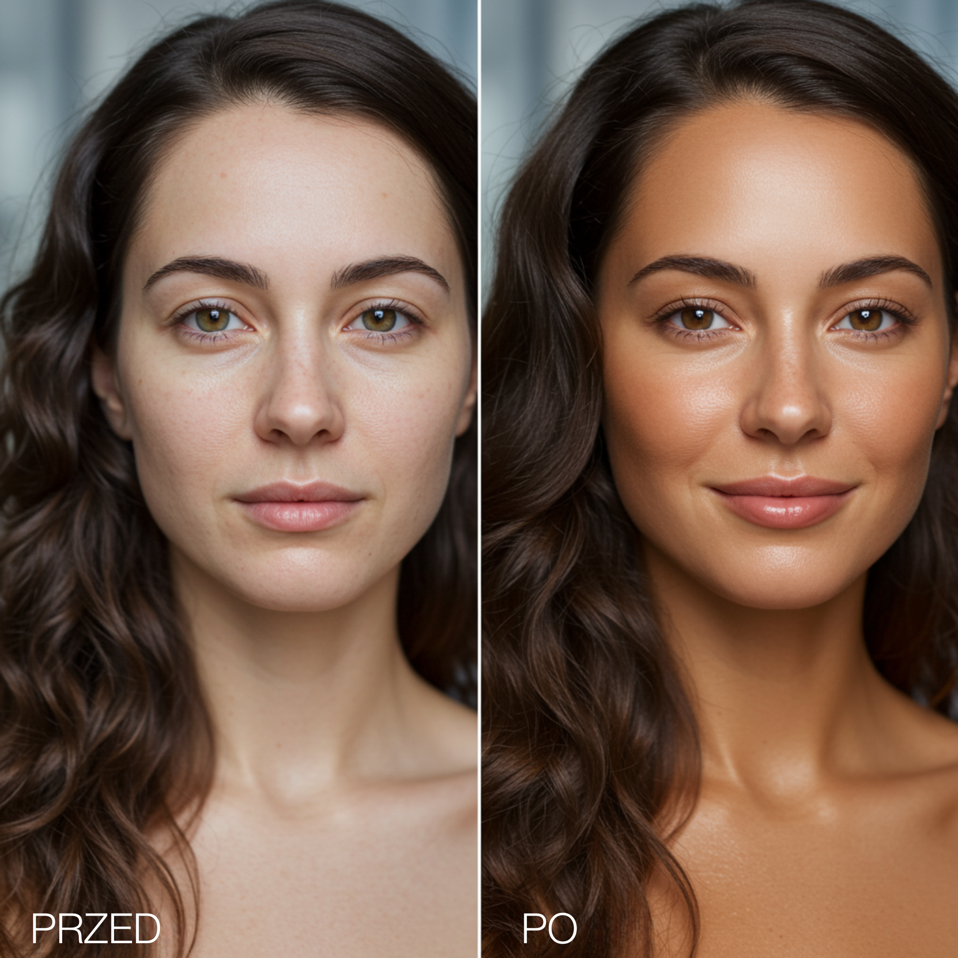 Porównanie efektu przed i po użyciu Onyx Anti-Aging. Krem do opalania twarzy zapewnia naturalny, równomierny odcień i wygładza cerę.