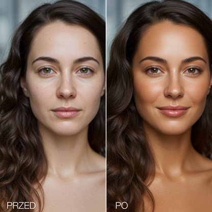 Porównanie efektu przed i po użyciu Onyx Anti-Aging. Krem do opalania twarzy zapewnia naturalny, równomierny odcień i wygładza cerę.