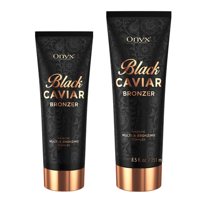Dwie tubki Onyx Black Caviar Bronzer w różnych pojemnościach; profesjonalny bronzer do opalania z kompleksem Multi-X Bronzing Complex dla naturalnej, głębokiej opalenizny