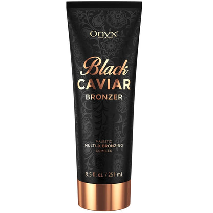 Onyx Black Caviar Bronzer – czarna tuba z miedzianym wykończeniem; luksusowy bronzer do opalania z kompleksem Multi-X Bronzing Complex zapewniający głęboki, równomierny kolor skóry