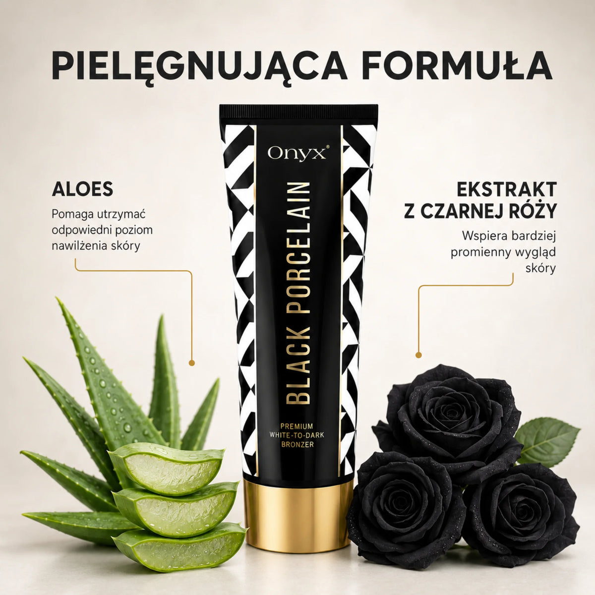 Tubka Onyx Black Porcelain na jasnym tle w otoczeniu aloesu i czarnych róż. Grafika przedstawia pielęgnujące składniki formuły i podkreśla nawilżający charakter produktu.