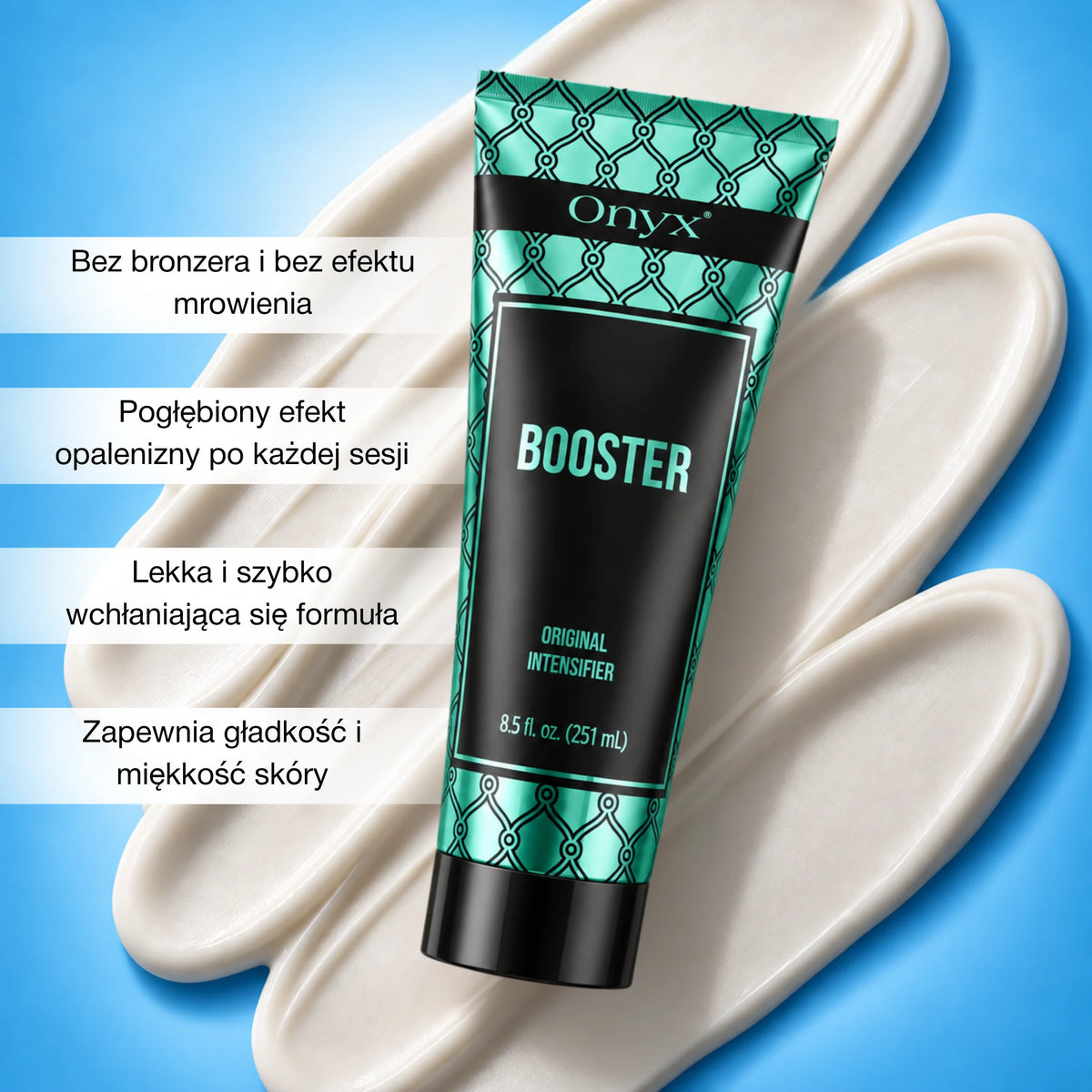 Onyx Booster na tle białej konsystencji balsamu. Grafika prezentuje lekką formułę bez bronzera i efektu mrowienia, wspierającą stopniowe pogłębianie opalenizny.