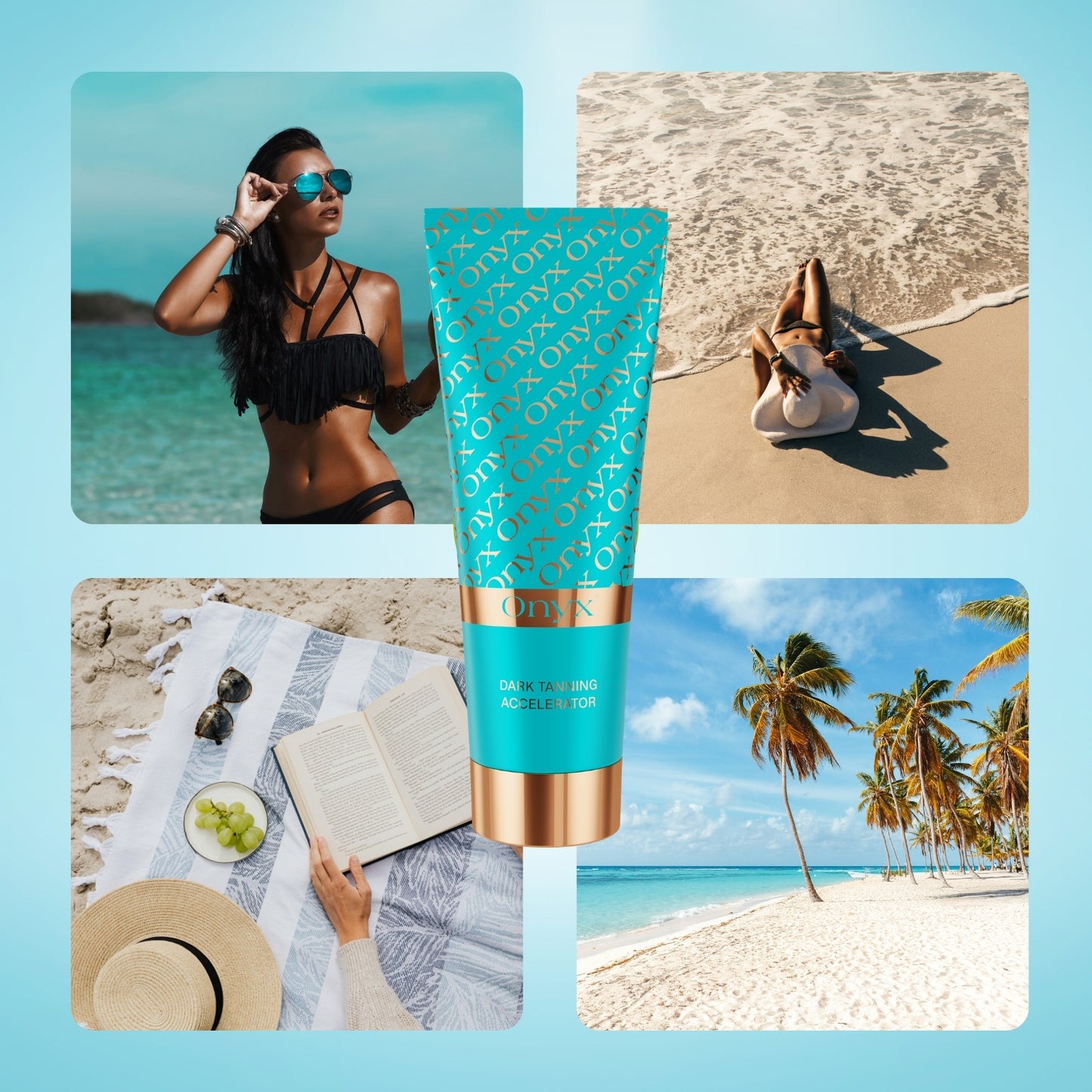 Onyx Dark Tanning Accelerator na plaży – kolaż scen opalania i relaksu nad morzem; przyspieszacz opalania do solarium i na słońce dla szybkiej, naturalnej opalenizny
