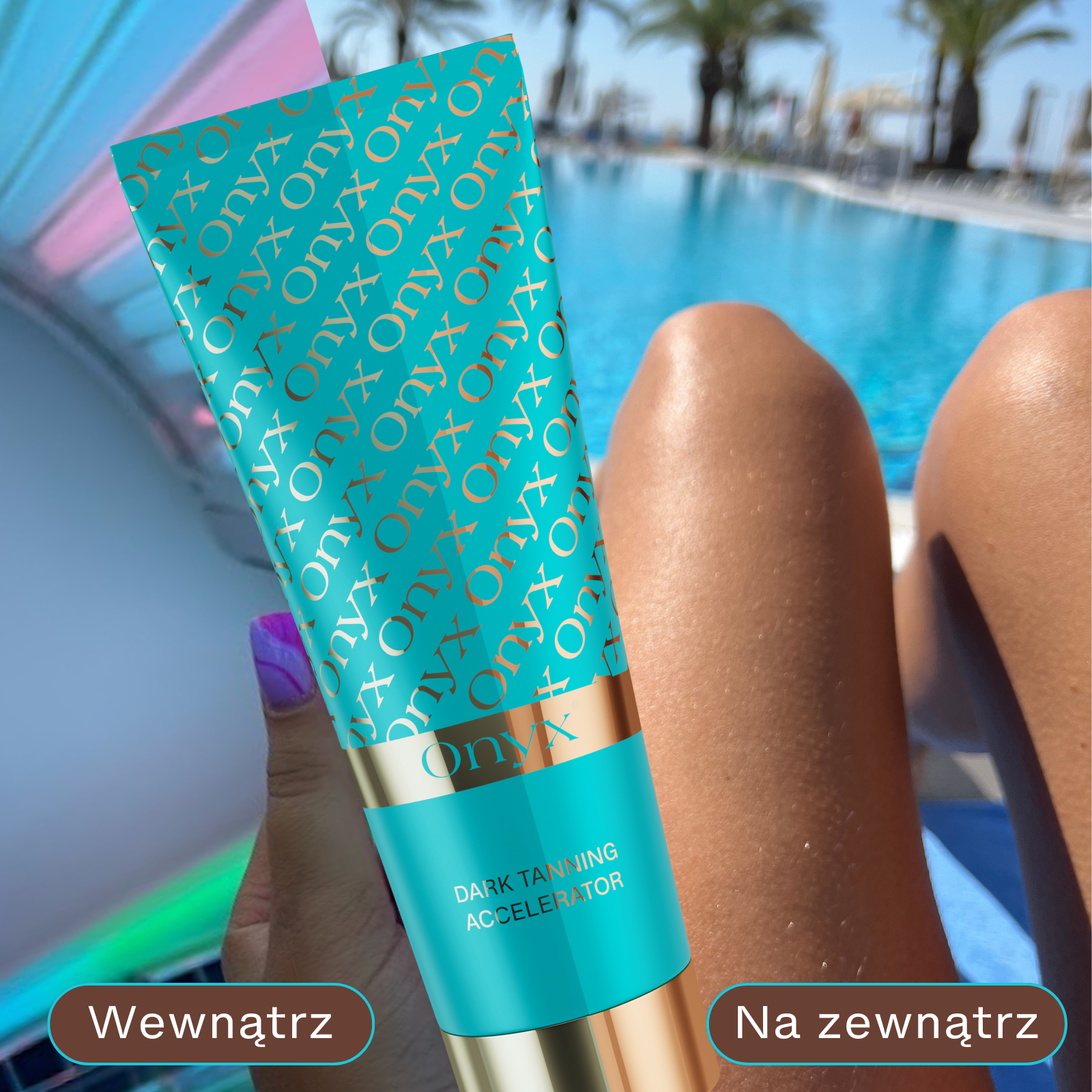 Onyx Dark Tanning Accelerator trzymany przy basenie – przyspieszacz opalania do stosowania wewnątrz i na zewnątrz, zapewniający naturalną, równomierną opaleniznę