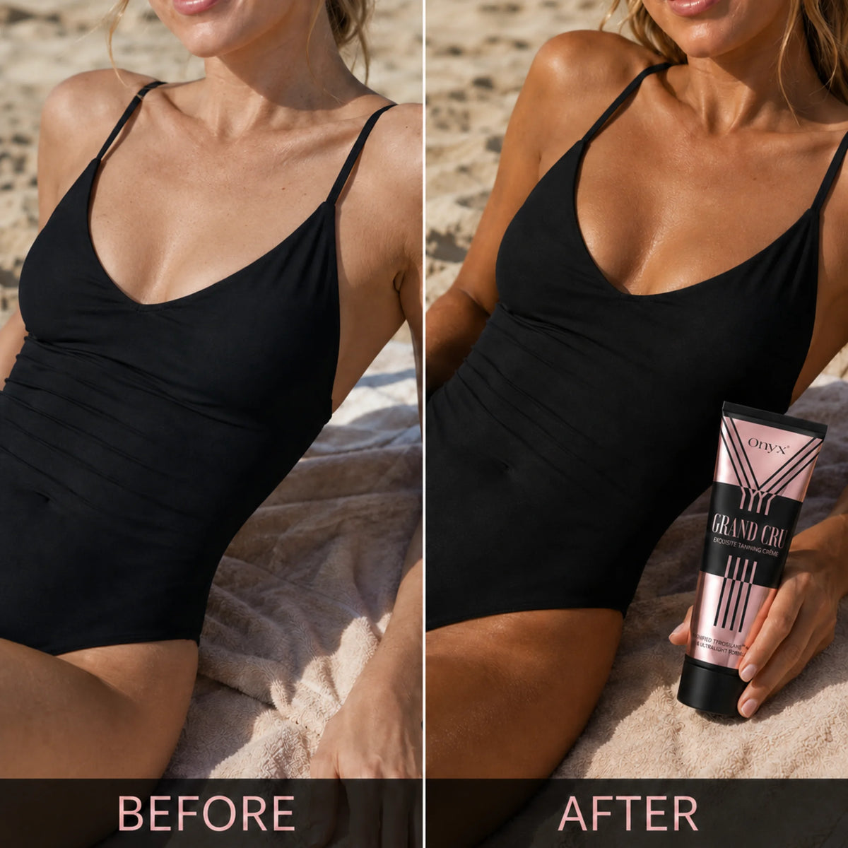 Porównanie wyglądu skóry przed i po opalaniu z Onyx Grand Cru. Po prawej widoczna jest również tubka kremu do opalania.