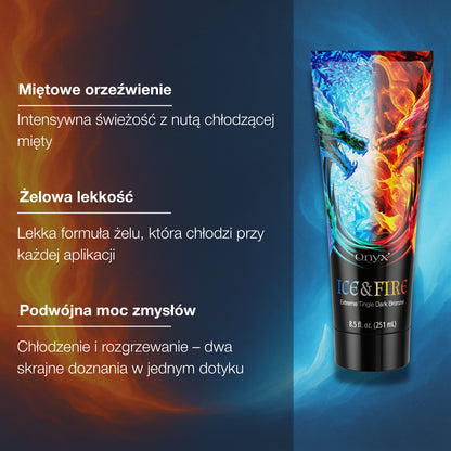 Onyx Ice & Fire – żelowy bronzer z efektem tingle. Chłodząco-rozgrzewająca formuła zapewnia intensywną opaleniznę i uczucie świeżości.