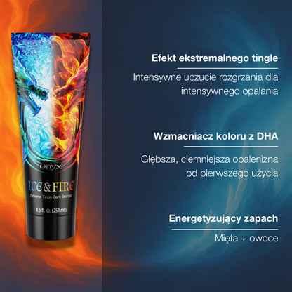 Onyx Ice & Fire – bronzer z DHA i efektem tingle. Rozgrzewa skórę, przyspiesza opalanie i nadaje głęboki, brązowy kolor od pierwszego użycia.