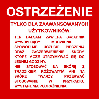Ostrzeżenie dotyczące balsamu Onyx Ice & Fire – bronzera z efektem mrowienia przeznaczonego wyłącznie dla zaawansowanych użytkowników solarium.
