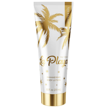 Balsam do ciała Onyx La Playa Tan & Glow w białej tubie z motywem złotych palm, stojący na białym tle, rozświetlający kosmetyk z drobinkami o pojemności 251 ml