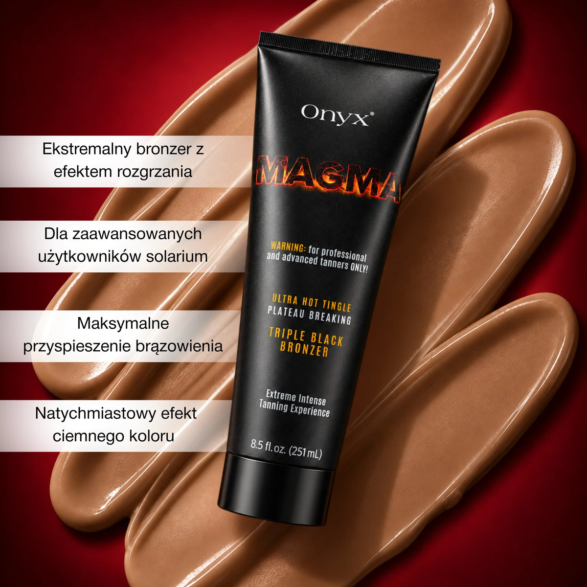 Tuba Onyx Magma na tle smug brązującej formuły. Grafika przedstawia ekstremalny bronzer z efektem tingle przeznaczony dla doświadczonych użytkowników solarium.