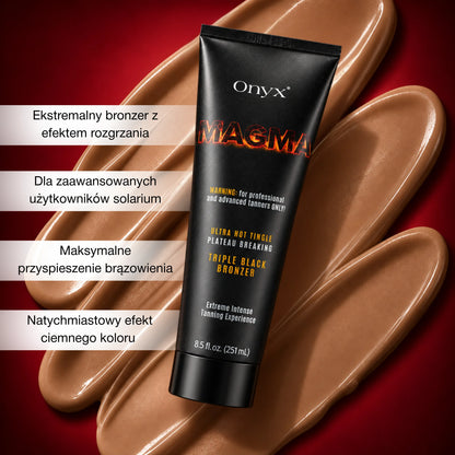 Tuba Onyx Magma na tle smug brązującej formuły. Grafika przedstawia ekstremalny bronzer z efektem tingle przeznaczony dla doświadczonych użytkowników solarium.