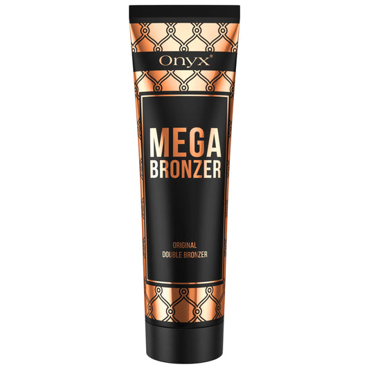 uba balsamu brązującego Onyx Mega Bronzer ustawiona pionowo na białym tle, czarne i miedziane opakowanie z eleganckim wzorem prezentuje kosmetyk do intensywnej opalenizny