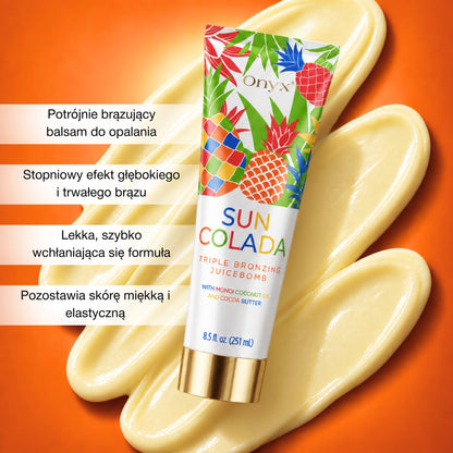 Onyx Sun Colada na tle kremowej konsystencji balsamu. Grafika przedstawia potrójnie brązującą formułę o lekkiej konsystencji i stopniowym efekcie głębokiego brązu.