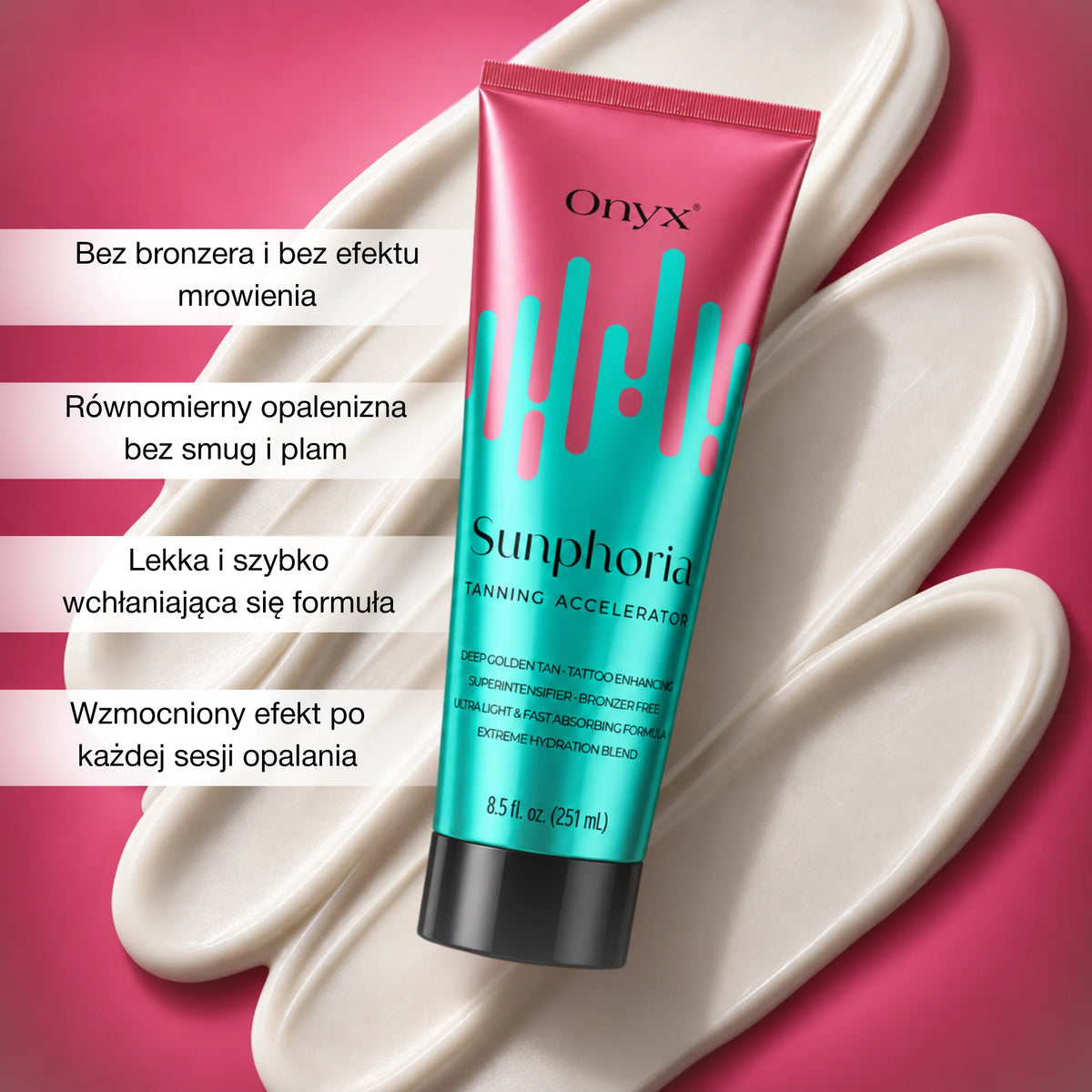 Onyx Sunphoria na tle białej konsystencji balsamu. Grafika przedstawia lekką formułę bez bronzera i efektu mrowienia oraz równomierny efekt opalenizny.