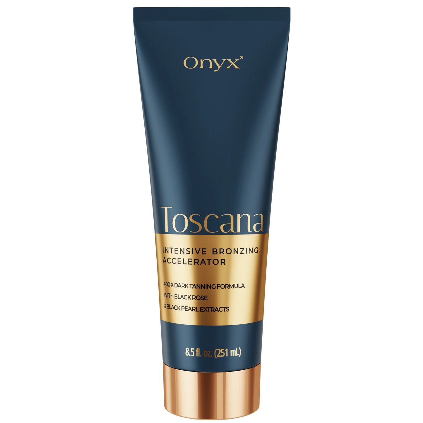 Balsam do opalania Onyx Toscana w granatowo-złotej tubie z napisem Intensive Bronzing Accelerator, przeznaczony do uzyskania ciemnej opalenizny