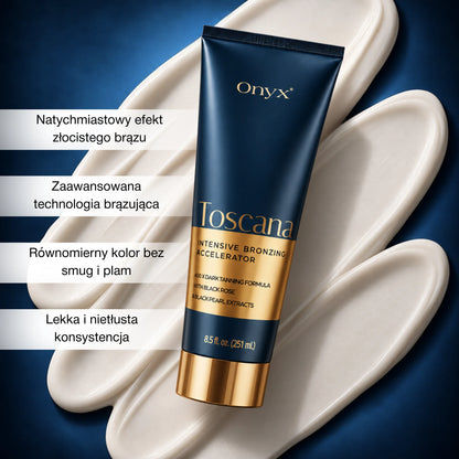 Onyx Toscana na tle jasnej konsystencji balsamu. Grafika przedstawia intensywny bronzer do opalania o lekkiej, nietłustej formule i równomiernym efekcie koloru.