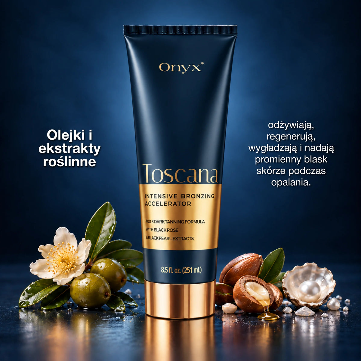 Onyx Toscana otoczony olejkami i ekstraktami roślinnymi na granatowym tle. Grafika prezentuje pielęgnacyjny charakter formuły podczas opalania.
