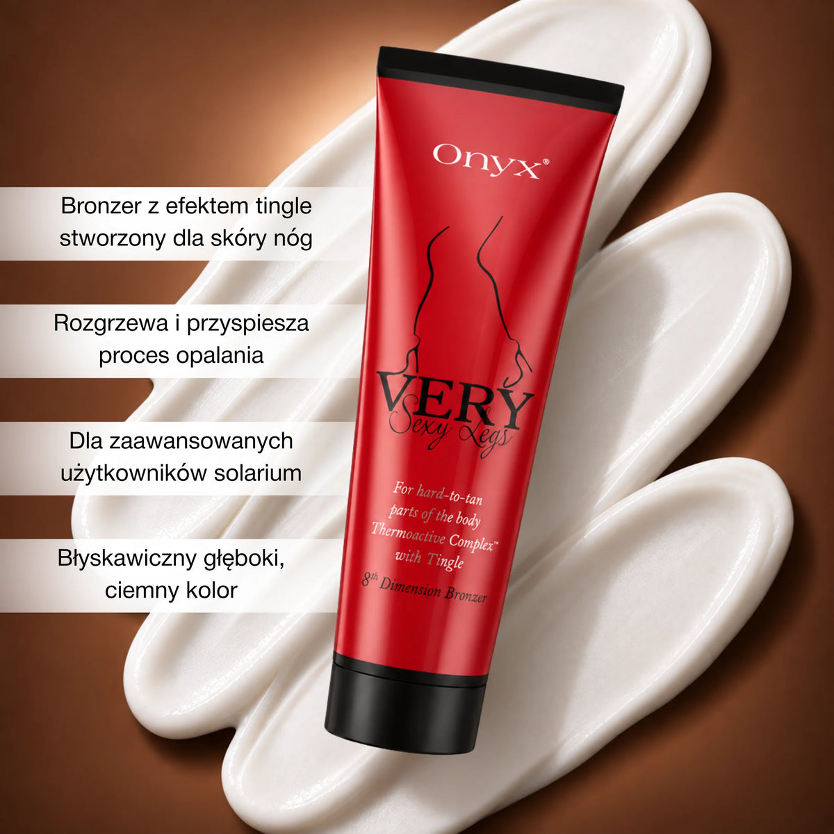 Onyx Very Sexy Legs na tle białej konsystencji balsamu. Grafika prezentuje bronzer z efektem tingle do skóry nóg, przeznaczony dla zaawansowanych użytkowników solarium.