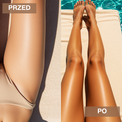 Porównanie efektu przed i po użyciu Onyx X-Legs. Bronzer do nóg zapewnia głęboki, naturalny brąz i równomierne krycie bez smug.