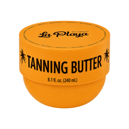 An orange jar of La Playa by Onyx Tanning Butter, 8.1 fl. oz. (240 mL), on a solid white background.