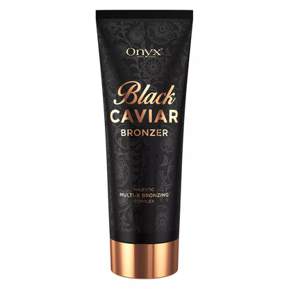 Onyx Black Caviar Bronzer w eleganckiej czarnej tubie ze złotymi akcentami; luksusowy bronzer do opalania zapewniający intensywny efekt skóry muśniętej słońcem